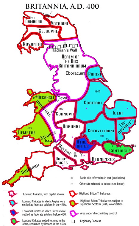 Map of Roman Britain in 400 A.D. showing later settlement by Irish ...